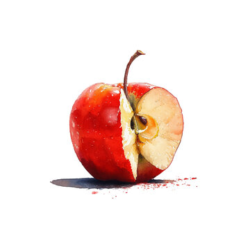 illustration of a split apple that has a stem and colored with watercolors