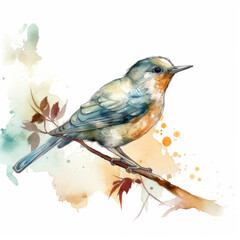 Little bird on branch watercolor art