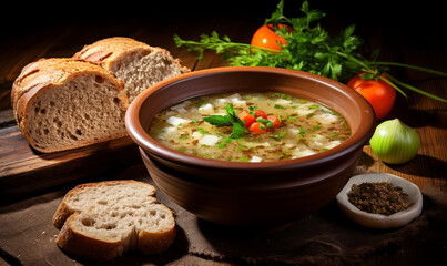 Homemade chicken soup with herbs and spices on a wooden background.