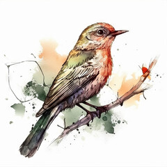 Little bird on branch watercolor art