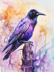 Purple raven watercolor art