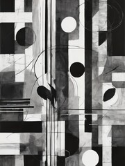 An abstract grunge black and white painting with geometric shapes, lines and stripes, ink drawing . Contemporary surrealist painting. Modern poster for wall decoration