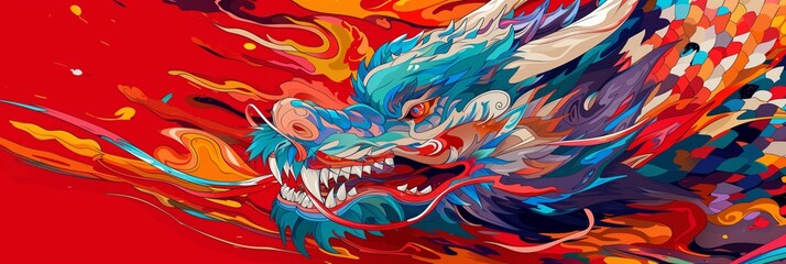 A panoramic Chinese style traditional Dragon. Chinese New Year Zodiac sign, Year of the Dragon illustration background banner poster format. Generative AI