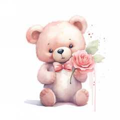 Obraz premium cute little teddy bear holding a pink rose for valentine's day postcard, valentine's day card, generative AI