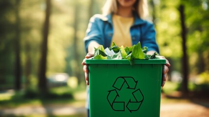 A person holding a green recycling bin filled with leaves, symbolizing eco-friendly waste management.