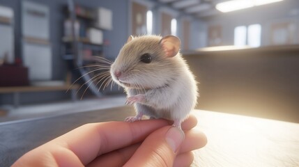 A tiny gerbil sits calmly in a human hand, showcasing a gentle and curious interaction.