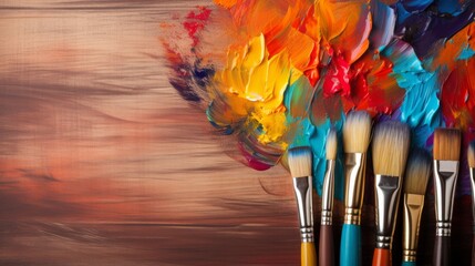 A dynamic array of colorful paints exploding from the tips of various brushes against a wooden...