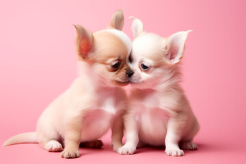 two cute lovers hug chihuahua puppies on pink background for valentine's day postcard,  valentine's day card, generative AI