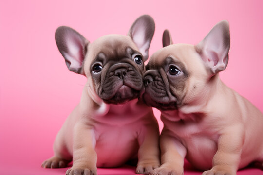 two cute lovers hug french bulldog puppies on pink background for valentine's day postcard, generative AI