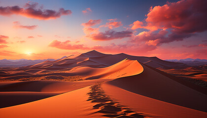 Sand dune sunset, mountain landscape, cloud sky, beauty in nature generated by AI