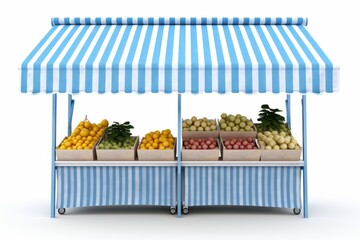 Aqua Blue and White Striped Awning Market Stall, Filled with Freshly Picked Fruits, on a White Background, Generative AI