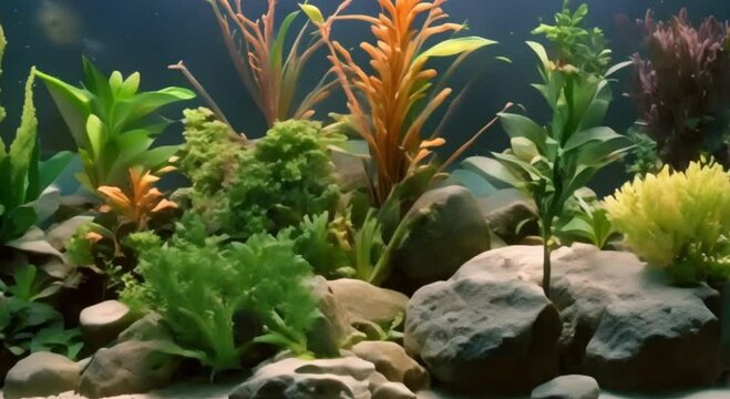 decorative plants and stones in a colorful aquarium design