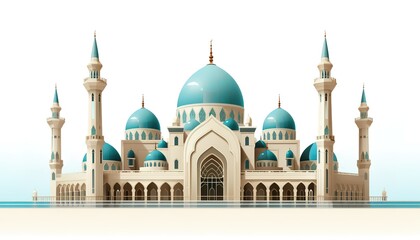 Obraz premium A concept illustration of a majestic and luxurious mosque with a blue Dome isolated on a white background. generative AI
