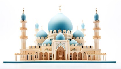 Fototapeta na wymiar A concept illustration of a majestic and luxurious mosque with a blue Dome isolated on a white background. generative AI