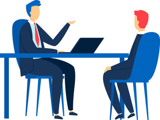 Two businessmen in a meeting, one presenting with laptop. Office discussion between male colleagues. Corporate presentation and strategy planning vector illustration.