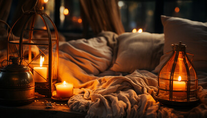 Obraz na płótnie Canvas Cozy bedroom, candlelight glows, tranquil scene, comfortable relaxation generative AI