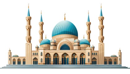 An illustration of a mosque with a blue dome on a white background. generative AI