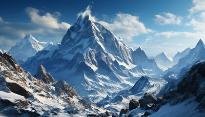Obraz premium Majestic mountain peak, blue sky, tranquil scene, frozen beauty generated by AI