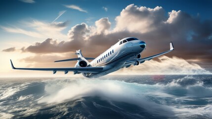 Luxurious private jet soaring above turquoise seas - exclusive aerial view wallpaper