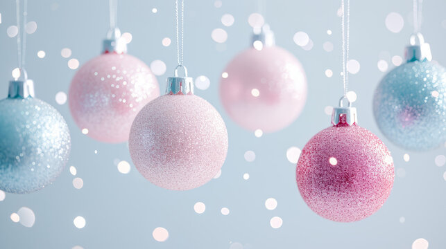 Pink and purple christmas balls with blue background. colorful xmas balls for christmas tree.