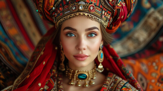 Beautiful young turkish ottoman girl with traditional clothing and jewelry.