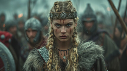 Obraz premium A young brave Viking heroine on the battlefield after the battle.