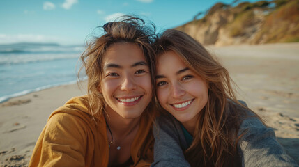 Fototapeta na wymiar a couple happy lesbians go to the beach.