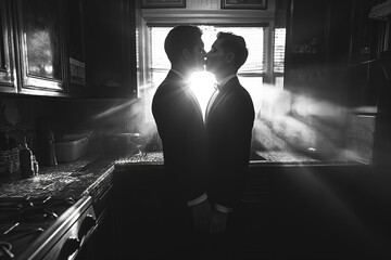 A happy, gay couple kisses on Valentine's Day. - obrazy, fototapety, plakaty