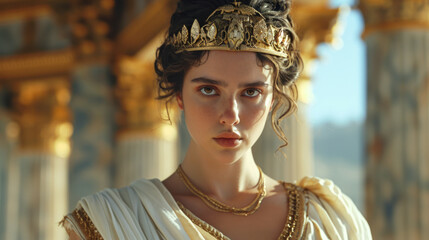 Beautiful young proud Greek queen with golden crown in a palace.