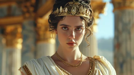 Fotobehang Beautiful young proud Greek queen with golden crown in a palace. © NorLife