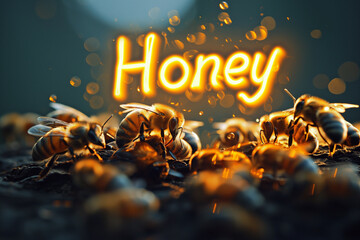 Buzzing Gold: Bees Crafting Honey Under Glowing "Honey" Sign