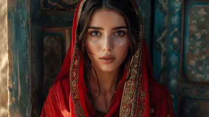Portrait of beautiful islamic girl with blue eyes wearing red scarf and traditional clothes. - obrazy, fototapety, plakaty