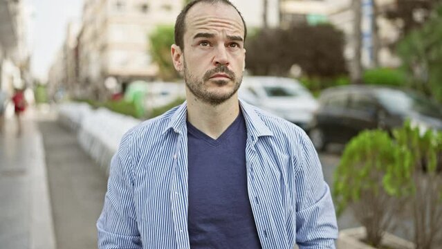 A pensive hispanic man with a beard and no hair wearing casual clothes stands on an urban street.