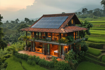Fototapeta na wymiar House in the middle of a rice field Solar cells on the roof