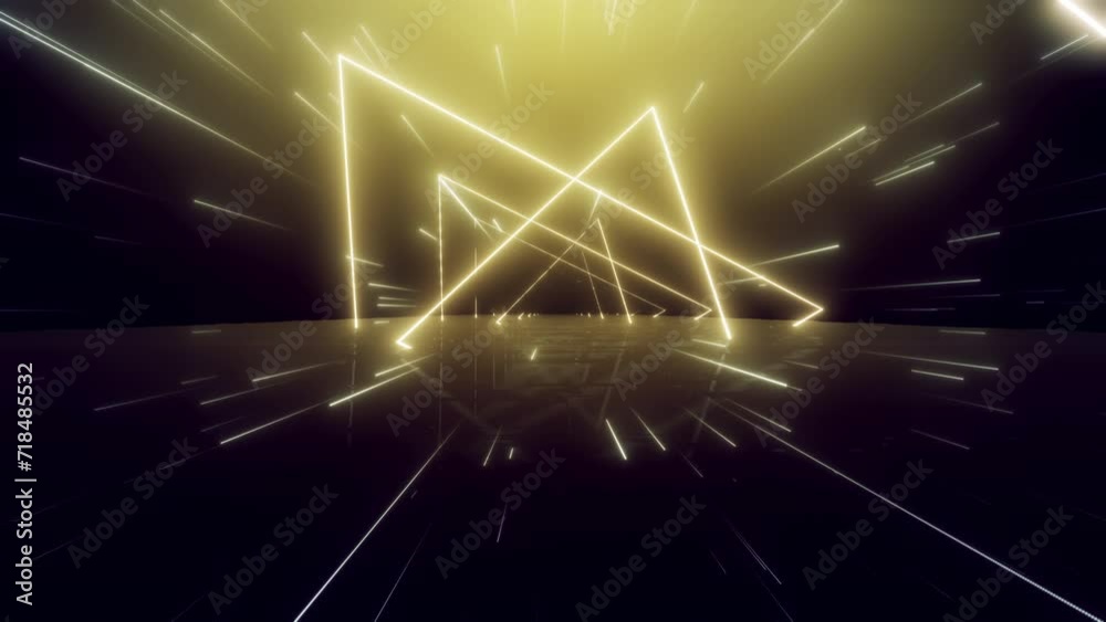 Poster neon reflection vj universal background loop. travel passing neon nebula on light bridge with reflec