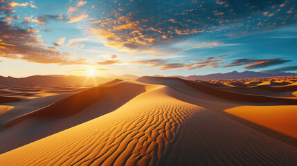 Stunning panorama of vast desert landscape with warm light of sunrise - obrazy, fototapety, plakaty