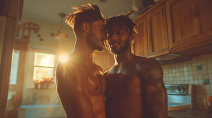 Gay couple hugging in the kitchen they are happy - obrazy, fototapety, plakaty