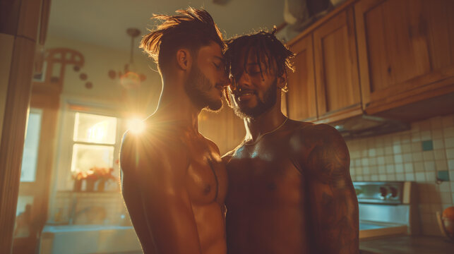 Gay Couple Hugging In The Kitchen They Are Happy