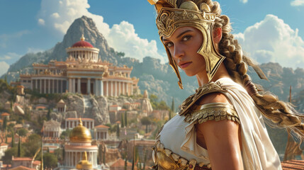 Greek Goddess protecting an ancient greek city. - obrazy, fototapety, plakaty