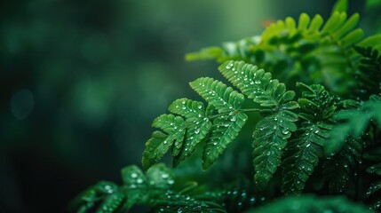 Close-up of a fern in the early overcast morning, dew, muted color, low contrast