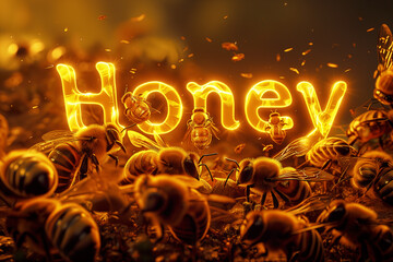 Hard working bees around glowing words that say Honey - obrazy, fototapety, plakaty