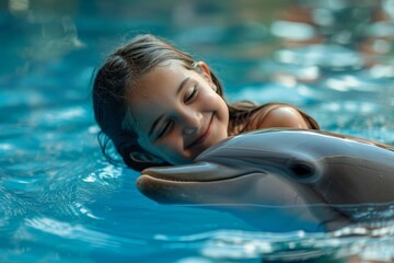 Girl smiling embracing dolphin