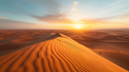Stunning panorama of vast desert landscape with warm light of sunrise