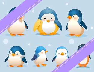 Obraz premium 可愛いペンギン アイコンセット風文字入れ壁紙背景