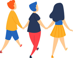 Three kids holding hands walking together, back view with colorful clothes. Friendship and childhood concept, happy children vector illustration.