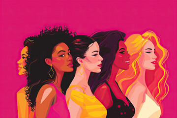A group of beautiful women of different beauty, hair and skin colors standing next to each other