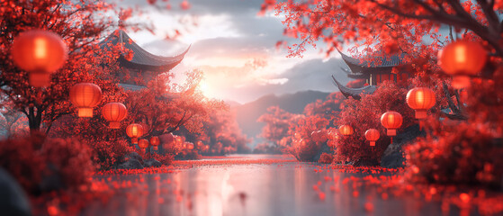 An enchanting autumn sunset view featuring a traditional Asian pagoda amidst mountains, with red leaves and flying birds. Image for Chinese New Year celebrations Concept.