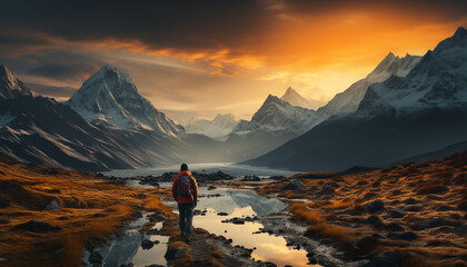 Fototapeta premium One person hiking mountain peak, backpack in snow, winter generated by AI