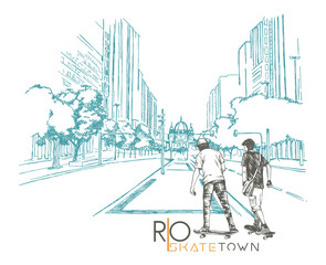ector illustration of Rio de Janeiro's urban landscape with stylized skaters in stripped strokes. Sketch-style drawing with skaters in cartoon style.