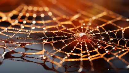 Spider web glistens with dew drops on a dark autumn night generated by AI